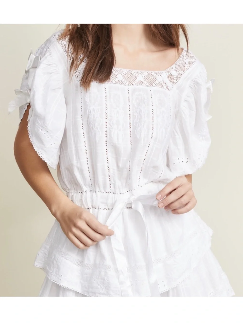 LOVESHACKFANCY Dorothy Dress White Lace Embroidered Bows Size M